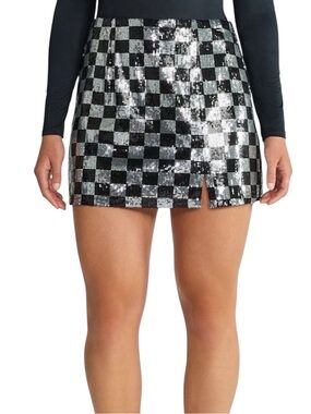 Madden NYC Sequin Checkerboard Mini Skirt in Black and Silver